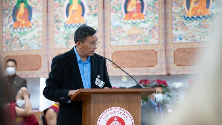 Jamphel Lhundup, Secretary of the Dalai Lama Trust, delivering his opening remarks at the inauguration of the SEE Learning Conference at the Dalai Lama Library & Archive in Dharamsala, HP, India on December 9, 2022. Photo by Tenzin Choejor