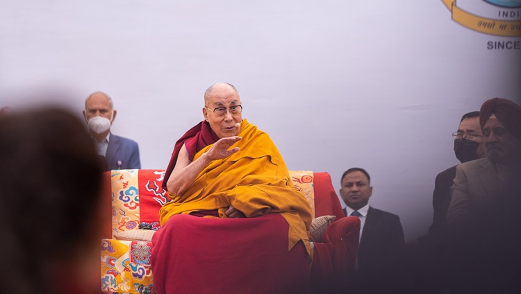 His Holiness the Dalai Lama addressing the more than 6000 6000 students, teachers and parents from 58 schools during the program at Salwan Public School in Gurugram, India on December 21, 2022. Photo by Tenzin Choejor