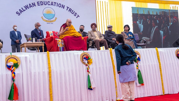 His Holiness the Dalai Lama answering a student's question during the program at Salwan Public School in Gurugram, India on December 21, 2022. Photo by Tenzin Choejor