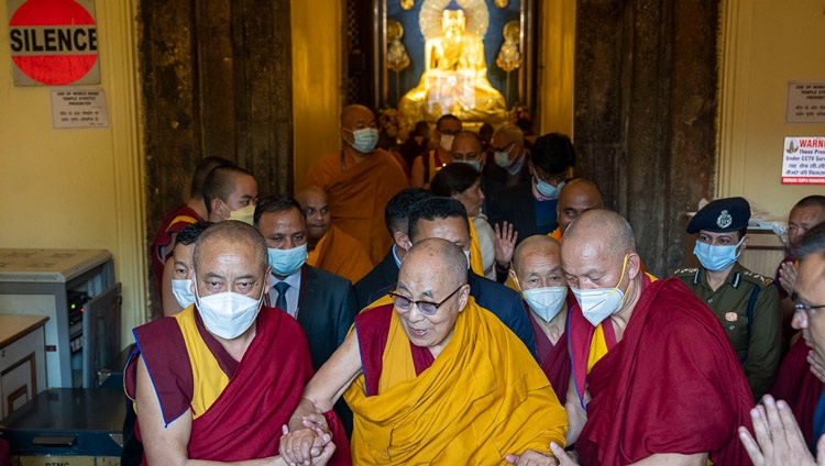 His Holiness the Dalai Lama leaving the chapel after joining in prayers at the Mahabodhi Temple in Bodhgaya, Bihar, India on December 23, 2022. Photo by Tenzin Choejor