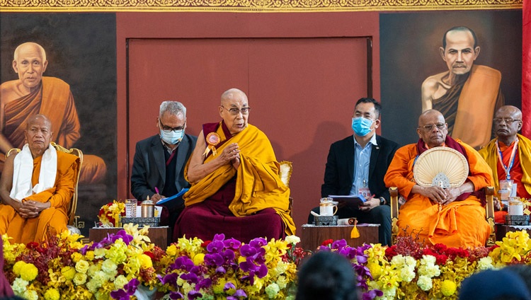 His Holiness the Dalai Lama addressing the gathering at the inauguration of the Pali & Sanskrit International Bhikkhu Exchange Program at Wat-pa Thai Temple in Bodhgaya, Bihar, India on December 27, 2022. Photo by Tenzin Choejor