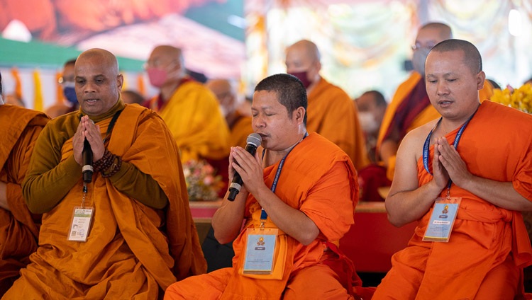 Theravada monks chanting the ‘Karuniya Metta Sutta’ in Pali at the start of the first day of His Holiness the Dalai Lama's teaching at the Kalachakra Teaching Ground in Bodhgaya, Bihar, India on December 29, 2022. Photo by Tenzin Choejor