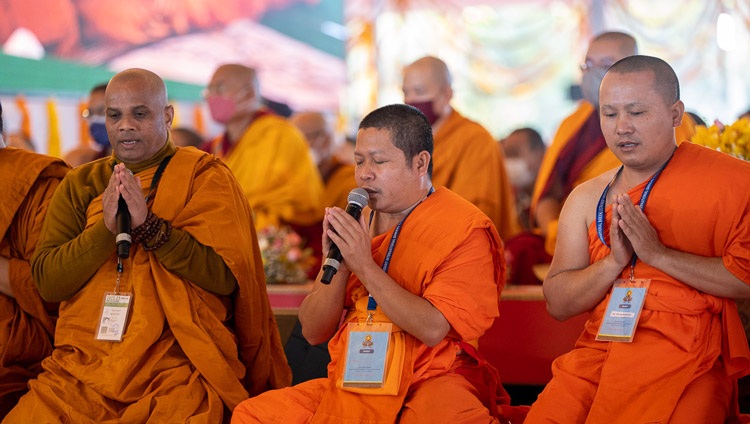 Theravada monks chanting the ‘Karuniya Metta Sutta’ in Pali at the start of the first day of His Holiness the Dalai Lama's teaching at the Kalachakra Teaching Ground in Bodhgaya, Bihar, India on December 29, 2022. Photo by Tenzin Choejor