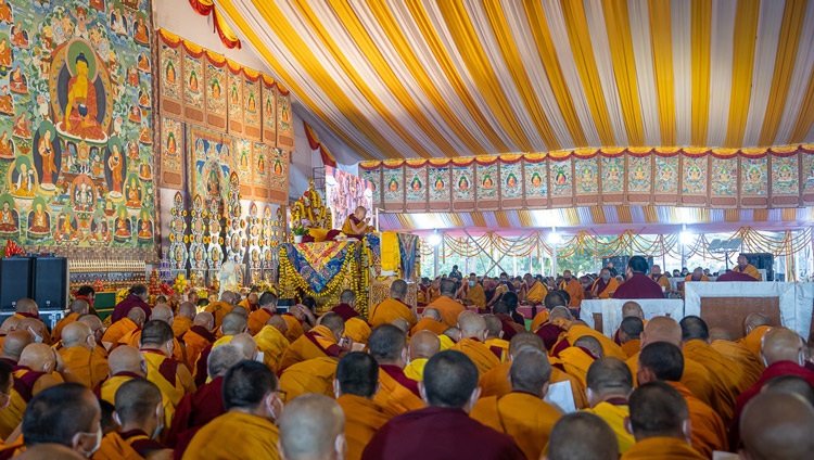 His Hoiness the Dalai Lama speaking on the first day of teachings at the Kalachakra Teaching Ground in Bodhgaya, Bihar, India on December 29, 2022. Photo by Tenzin Choejor