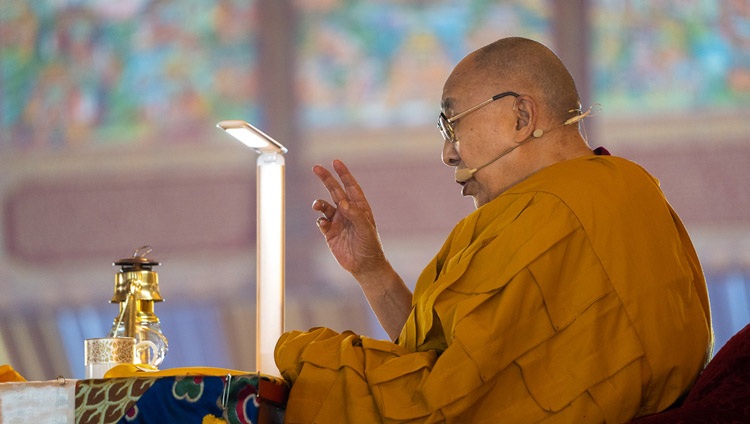 His Holiness the Dalai Lama addressing the crowd on the second day of teachings at the Kalachakra Teaching Ground in Bodhgaya, Bihar, India on December 30, 2022. Photo by Tenzin Choejor