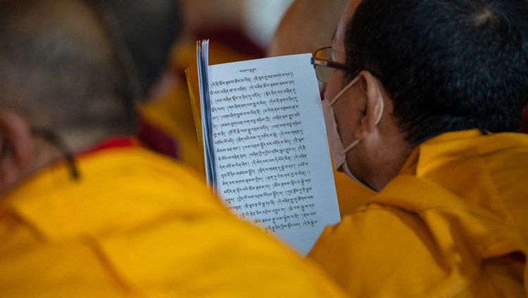 Monks in the audience following the Nagarjuna’s ‘Commentary on the Awakening Mind’ being taught by His Holiness the Dalai Lama on the second day of teachings in Bodhgaya, Bihar, India on December 30, 2022. Photo by Tenzin Choejor