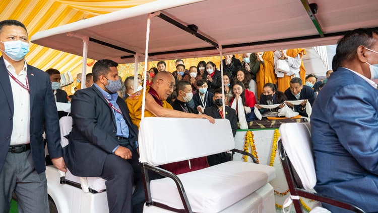 His Holiness the Dalai Lama returning to his residence at the Tibetan Monastery at the end of the second day of teachings at the Kalachakra Teaching Ground in Bodhgaya, Bihar, India on December 30, 2022. Photo by Tenzin Choejor