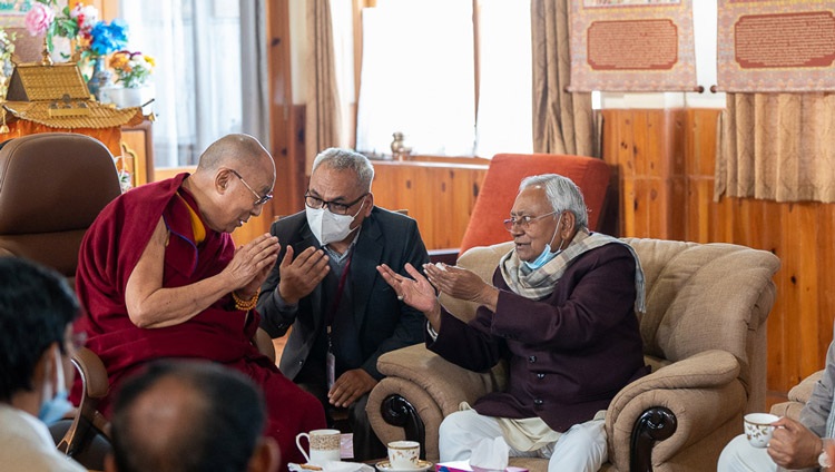 His Holiness the Dalai Lama in conversation with Bihar Chief Minister Nitish Kumar at His Holiness's residence at the Tibetan Monastery in Bodhgaya, Bihar, India on December 30, 2022. Photo by Tenzin Choejor