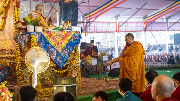 His Holiness the Dalai Lama performing preparatory rites to giving the permission of 21 Taras on the third day of teachings at the Kalachakra Teaching Ground in Bodhgaya, Bihar, India on December 31, 2022. Photo by Tenzin Choejor