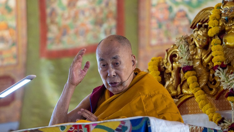 His Holiness the Dalai Lama addressing the crowd on the third day of teachings at the Kalachakra Teaching Ground in Bodhgaya, Bihar, India on December 31, 2022. Photo by Tenzin Choejor