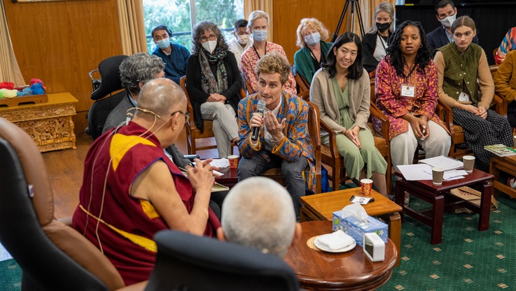 Ronan from Ireland sharing his story with His Holiness the Dalai Lama on the second day of the Compassionate Leadership Summit at his residence in Dharamsala, HP, India on October 19, 2022. Photo by Tenzin Choejor