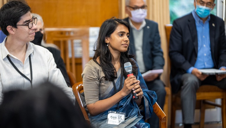 Anju from India listening to His Holiness the Dalai Lama's response to her story on the second day of the Compassionate Leadership Summit at his residence in Dharamsala, HP, India on October 19, 2022. Photo by Tenzin Choejor