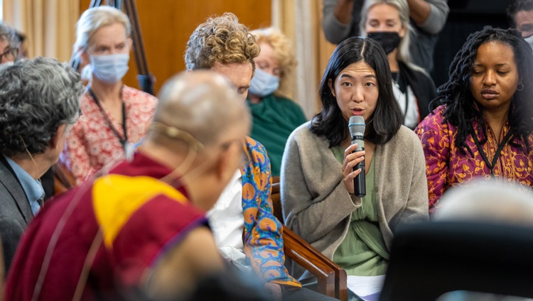 Kristin from the USA sharing her experiences with His Holiness the Dalai Lama on the second day of the Compassionate Leadership Summit at his residence in Dharamsala, HP, India on October 19, 2022. Photo by Tenzin Choejor