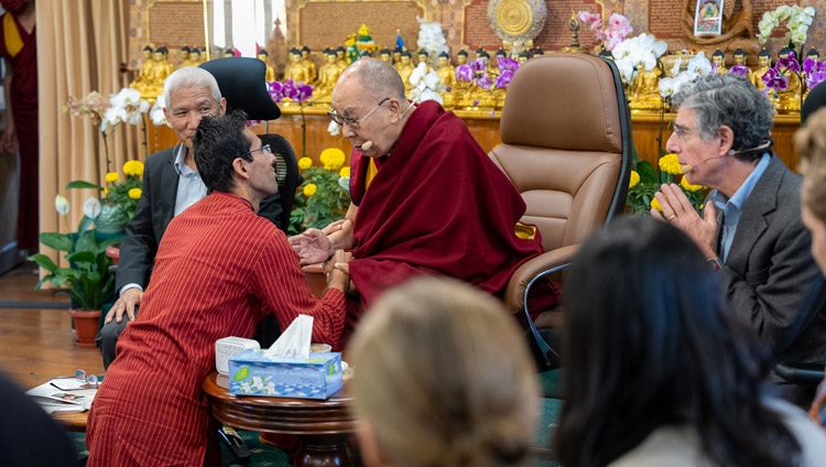 Vipul from western India asking for His Holiness the Dalai Lama's blessing during his presentation on the second day of the Compassionate Leadership Summit in Dharamsala, HP, India on October 19, 2022. Photo by Tenzin Choejor