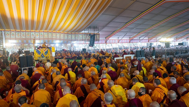 A view of the stage at the Kalachakra Teaching Ground during the Long Life Prayers offered to His Holiness the Dalai Lama by the Geluk Tradition in Bodhgaya, Bihar, India on January 1, 2023. Photo by Tenzin Choejor