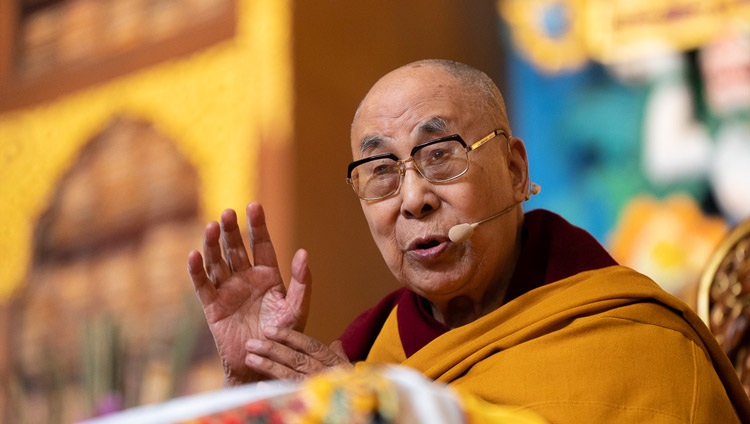 His Holiness the Dalai Lama addressing the congregation during the Long Life Prayers offered by members of the Nyingma Tradition at Palyul Namdroling Monastery in Bodhgaya, Bihar, India on January 18, 2023. Photo by Tenzin Choejor