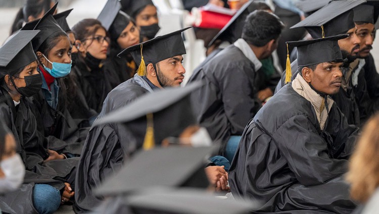 Recently graduated Indian college students in the audience listening to His Holiness the Dalai Lama speaking in the courtyard of the Main Tibetan Temple in Dharamsala, HP, India on February 28, 2023. Photo by Tenzin Choejor