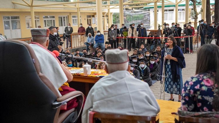 A member of the audience asking His Holiness the Dalai Lama a question during his talk to students and members of the M3M Foundation in the courtyard of the Main Tibetan Temple in Dharamsala, HP, India on February 28, 2023. Photo by Tenzin Choejor