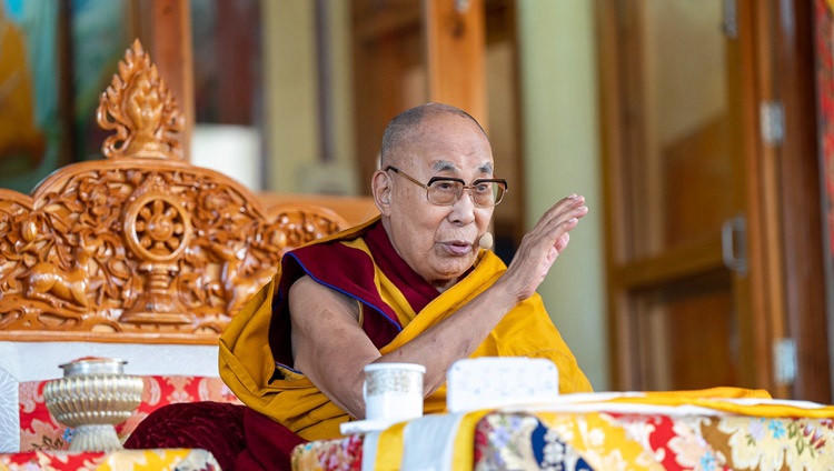 His Holiness the Dalai Lama reading from the Jataka Tales at the yard of the Tsuglagkhang in Dharamsala, HP, India on March 7, 2023. Photo by Tenzin Choejor