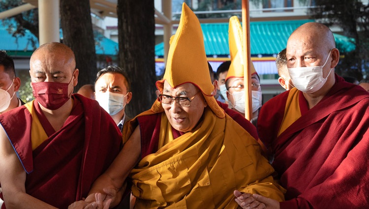 His Holiness the Dalai Lama arriving at the yard of the Tsuglagkhang in Dharamsala, HP, India to read a Jataka Tale on March 7, 2023. Photo by Tenzin Choejor