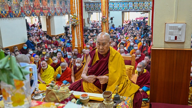 His Holiness the Dalai Lama going through self-generation procedures requisite to his giving the Chakrasamvara Empowerment at the Tsulagkhang in Dharamsala, HP, India on March 9, 2023. Photo by Ven Zamling Norbu