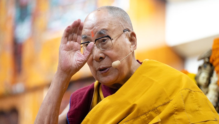 His Holiness the Dalai Lama addressing the crowd during the Long Life Prayer offered by CTA at the Main Tibetan Temple in Dharamsala, HP, India on March 15, 2023. Photo by Tenzin Choejor