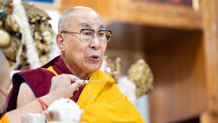 His Holiness the Dalai Lama addressing the congregation during the Long Life Prayer Offering at the Main Tibetan Temple in Dharamsala, HP, India on April 5, 2023. Photo by Tenzin Choejor