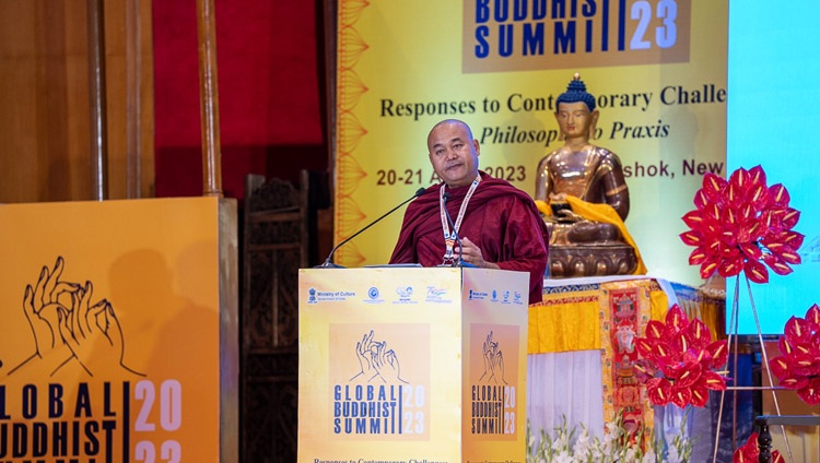Ven Dr Dhammapiya, Secretary General IBC, opening the proceedings at the Global Buddhist Summit 2023 at the Ashok Hotel in New Delhi, India on April 21, 2023. Photo by Tenzin Choejor