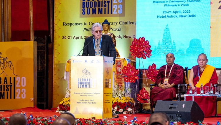 Prof Robert Thurman, representing the academic study of Buddhism, speaking at the Global Buddhist Summit 2023 at the Ashok Hotel in New Delhi, India on April 21, 2023. Photo by Tenzin Choejor