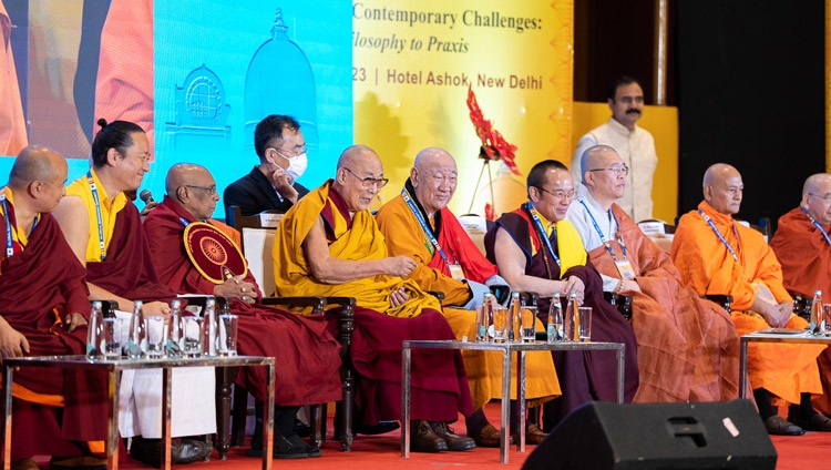 His Holiness the Dalai Lama addressing the congregation at the Global Buddhist Summit 2023 at the Ashok Hotel in New Delhi, India on April 21, 2023. Photo by Tenzin Choejor