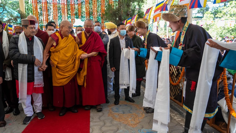 His Holiness the Dalai Lama arriving at the Main Tibetan Temple courtyard to attend Bharat Tibbat Sahyog Manch (BTSM) 25th Anniversary celebrations in Dharamsala, HP, India on May 5, 2023. Photo by Tenzin Choejor