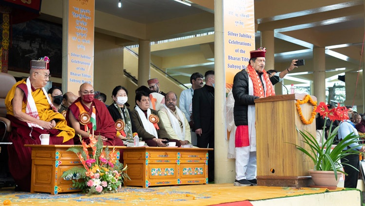 Dr Indresh Kumar, Chief Patron of BTSM, speaking at the Bharat Tibbat Sahyog Manch 25th Anniversary celebrations at the Main Tibetan Temple courtyard in Dharamsala, HP, India on May 5, 2023. Photo by Tenzin Choejor