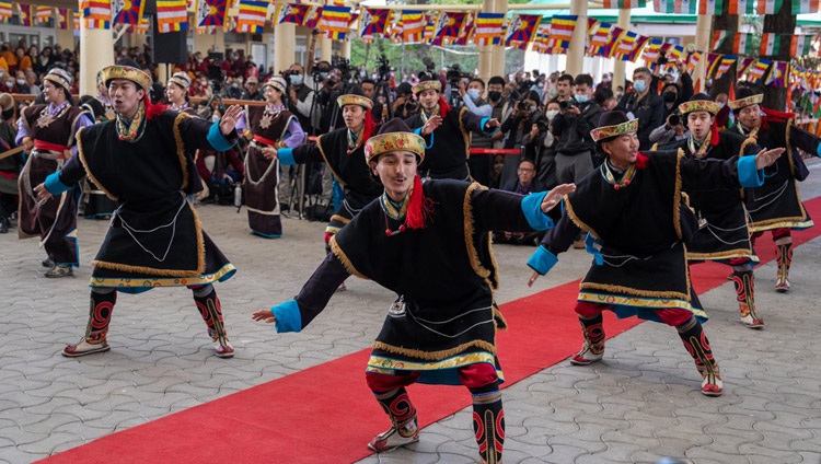 Artists from the Tibetan Institute of Performing Arts (TIPA) performing at the Bharat Tibbat Sahyog Manch 25th Anniversary celebrations at the Main Tibetan Temple courtyard in Dharamsala, HP, India on May 5, 2023. Photo by Tenzin Choejor