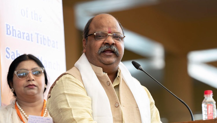 National General Secretary BTSM, Pankaj Goyal, speaking at the Bharat Tibbat Sahyog Manch 25th Anniversary celebrations at the Main Tibetan Temple courtyard in Dharamsala, HP, India on May 5, 2023. Photo by Tenzin Choejor