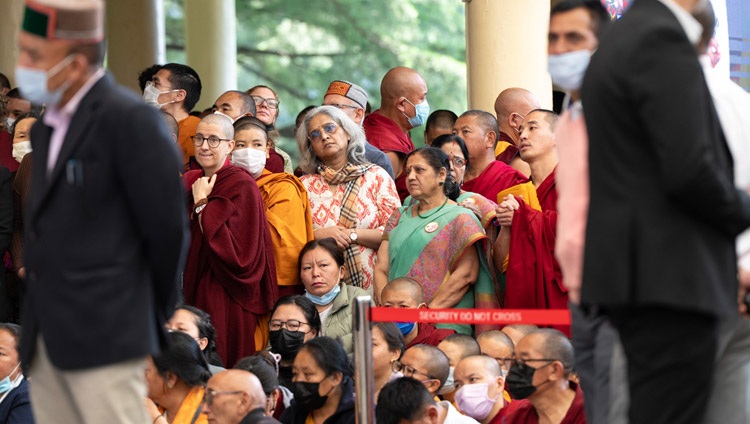 Members of the crowd gathered at the Main Tibetan Temple courtyard listening to His Holiness the Dalai Lama during the Bharat Tibbat Sahyog Manch (BTSM) 25th Anniversary celebrations in Dharamsala, HP, India on May 5, 2023. Photo by Tenzin Choejor