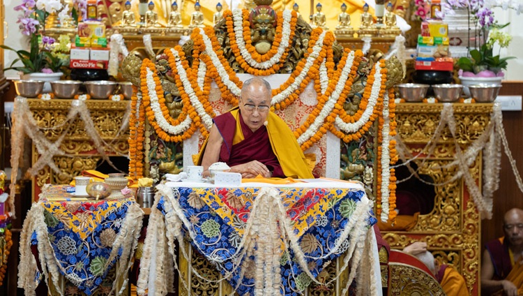 His Holiness the Dalai Lama addressing the congregation during the Long Life Prayer offered to him by the Foundation for the Preservation of the Mahayana Tradition (FPMT) at the Main Tibetan Temple in Dharamsala, HP, India on May 24, 2023. Photo by Tenzin Choejor