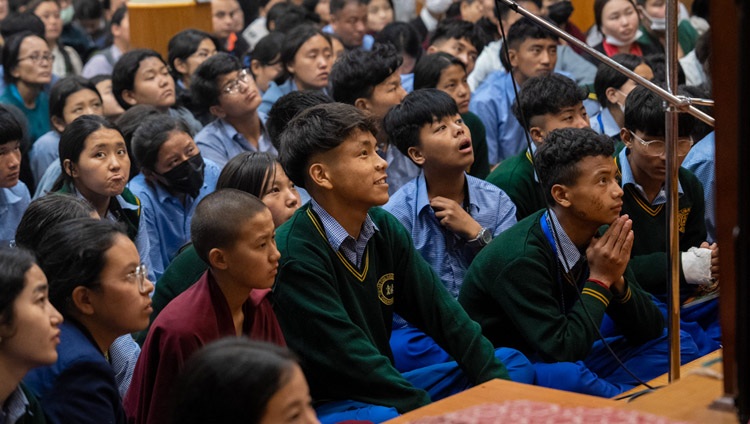 Students in the Main Tibetan Temple listening to His Holiness the Dalai Lama on the first day of his teachings for Tibetan Youth at the Main Tibetan Temple in Dharamsala, HP, India on May 30, 2023. Photo by Tenzin Choejor
