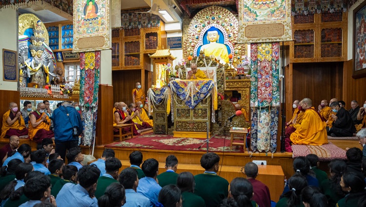His Holiness the Dalai Lama addressing the congregation on the first day of his teachings for Tibetan Youth at the Main Tibetan Temple in Dharamsala, HP, India on May 30, 2023. Photo by Tenzin Choejor
