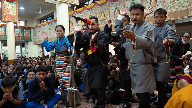 Lay-people from the Dharamsala Buddhist Class debating Buddhist philosophy before the start of the second day of His Holiness the Dalai Lama's teachings for Tibetan youth at the Main Tibetan Temple in Dharamsala, HP, India on May 31, 2023. Photo by Tenzin Choejor