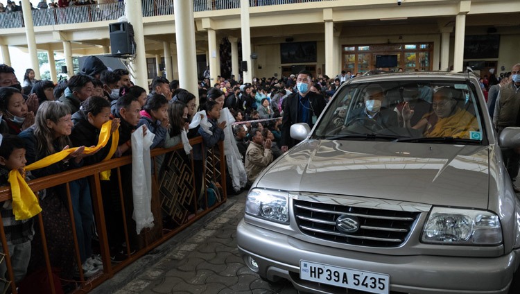 His Holiness the Dalai Lama waving to the crowd on his way back to his residence at the conclusion of his two day teaching for Tibetan youth at the Main Tibetan Temple in Dharamsala, HP, India on May 31, 2023. Photo by Tenzin Choejor