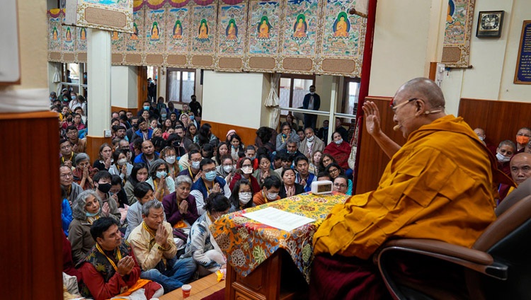 His Holiness the Dalai Lama speaking at the meeting with participants in Tibet House's Nalanda Courses at the Main Tibetan Temple in Dharamsala, HP, India on June 2, 2023. Photo by Ven Tenzin Jamphel