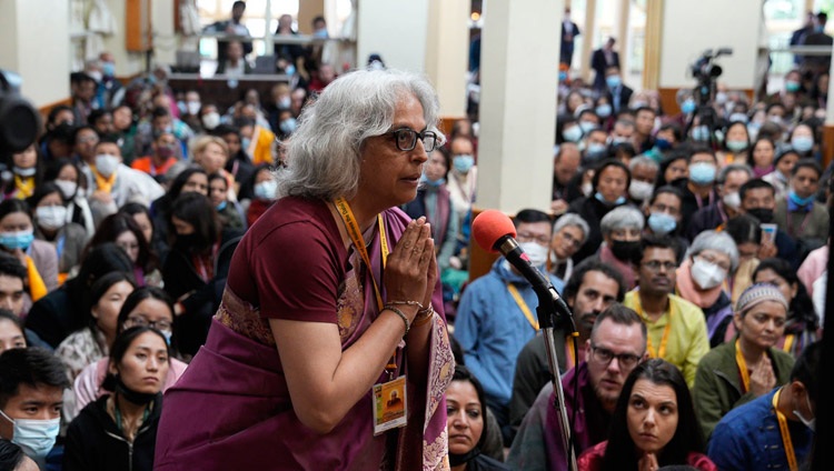 A member of the audience asking His Holiness the Dalai Lama a question during the meeting with participants in Tibet House's Nalanda Courses at the Main Tibetan Temple in Dharamsala, HP, India on June 2, 2023. Photo by Ven Tenzin Jamphel