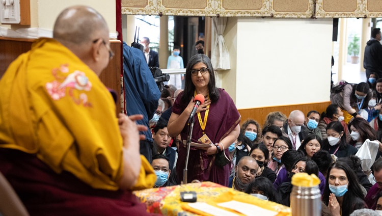 Dr Kaveri Gill introducing the program with His Holiness the Dalai Lama and participants in Tibet House's Nalanda Courses at the Main Tibetan Temple in Dharamsala, HP, India on June 2, 2023. Photo by Tenzin Choejor