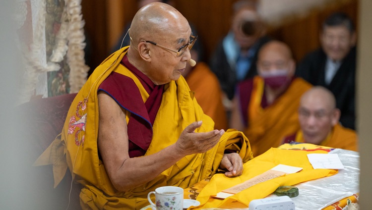 His Holiness the Dalai Lama commenting on ‘Eight Verses for Training the Mind’, the subject of his Saga Dawa teaching at the Main Tibetan Temple in Dharamsala, HP, India on June 4, 2023. Photo by Tenzin Choejor