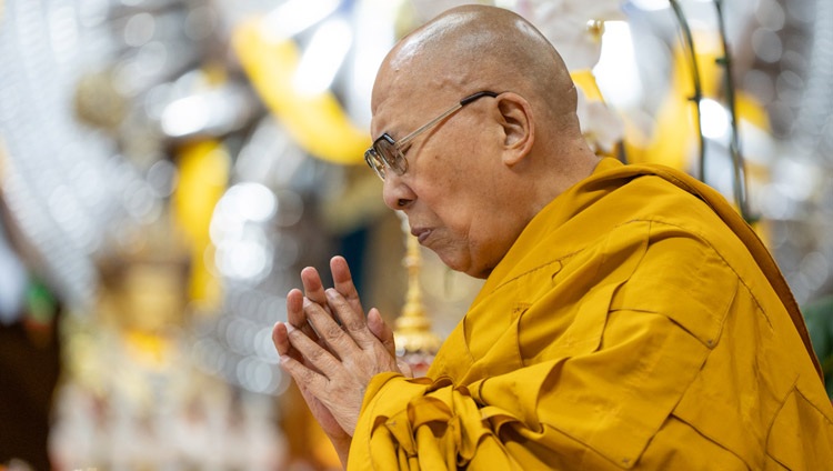 His Holiness the Dalai Lama joining in prayers at the conclusion of his Saga Dawa teaching at the Main Tibetan Temple in Dharamsala, HP, India on June 4, 2023. Photo by Tenzin Choejor