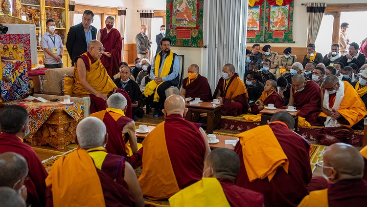 His Holiness the Dalai Lama speaking to the gathering of dignitaries and special guests at the welcome ceremony at his residence in Shewatsel, Leh, Ladakh, India on July 11, 2023. Photo by Tenzin Choejor