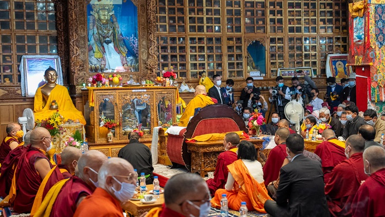 His Holiness the Dalai Lama leading prayers during his visit to the Jokhang in Leh, Ladakh, India on July 14, 2023. Photo by Tenzin Choejor