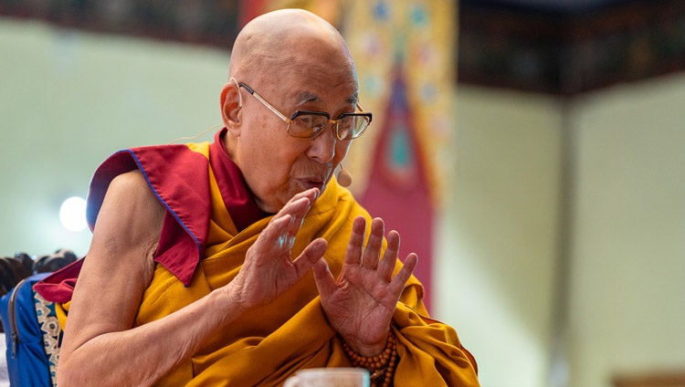 His Holiness the Dalai Lama addressing the congregation during his visit to the Jokhang in Leh, Ladakh, India on July 14, 2023. Photo by Tenzin Choejor