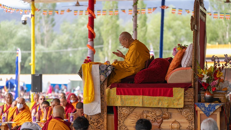 His Holiness the Dalai Lama addressing the crowd on the first day of teachings at the Shewatsel Teaching Area in Leh, Ladakh UT, India on July 21, 2023. Photo by Tenzin Choejor