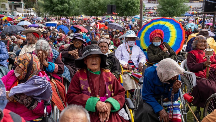 Elderly members of the local community listening to His Holiness the Dalai Lama on the first day of teachings at the Shewatsel Teaching Area in Leh, Ladakh UT, India on July 21, 2023. Photo by Tenzin Choejor